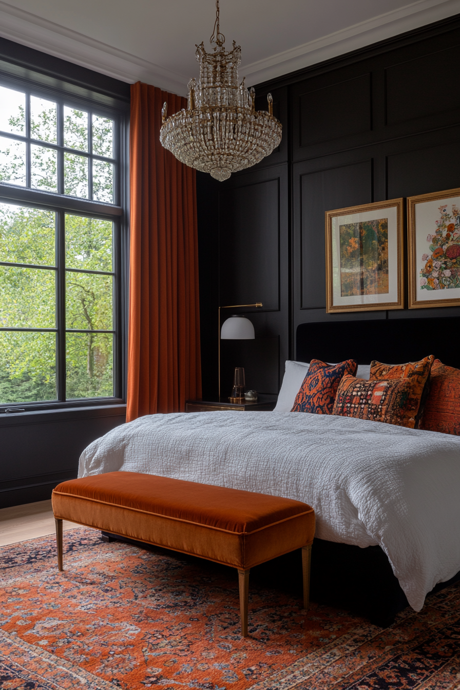 Black bedroom with luxurious velvet, silk, and faux fur textiles