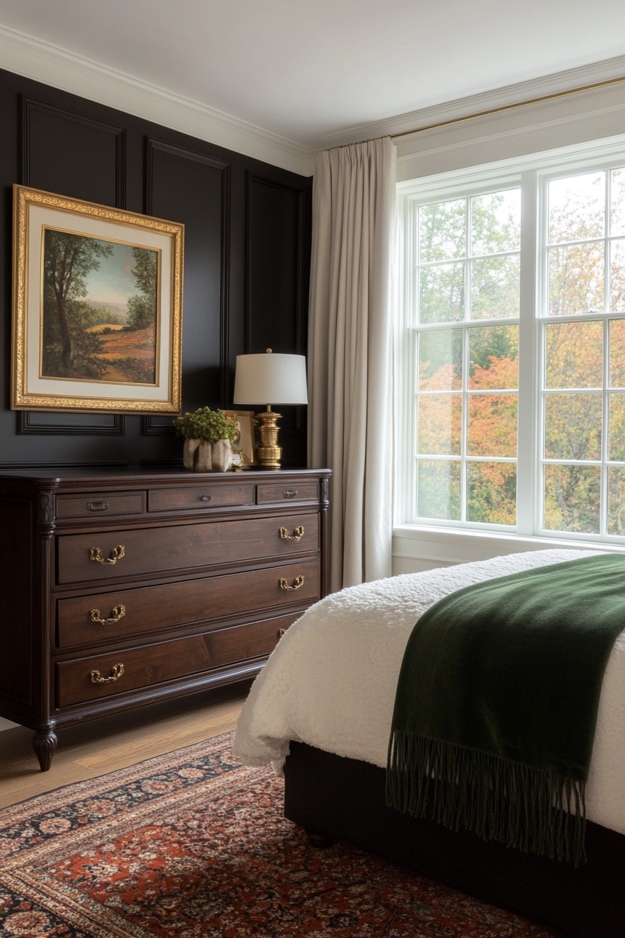 Black bedroom with luxurious velvet, silk, and faux fur textiles