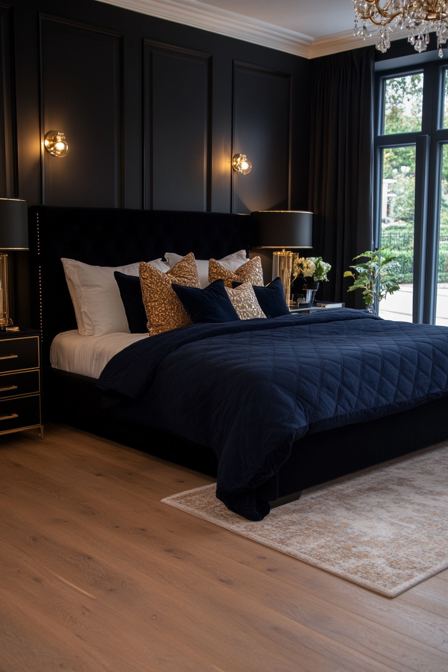 Black bedroom with gold metallic accents