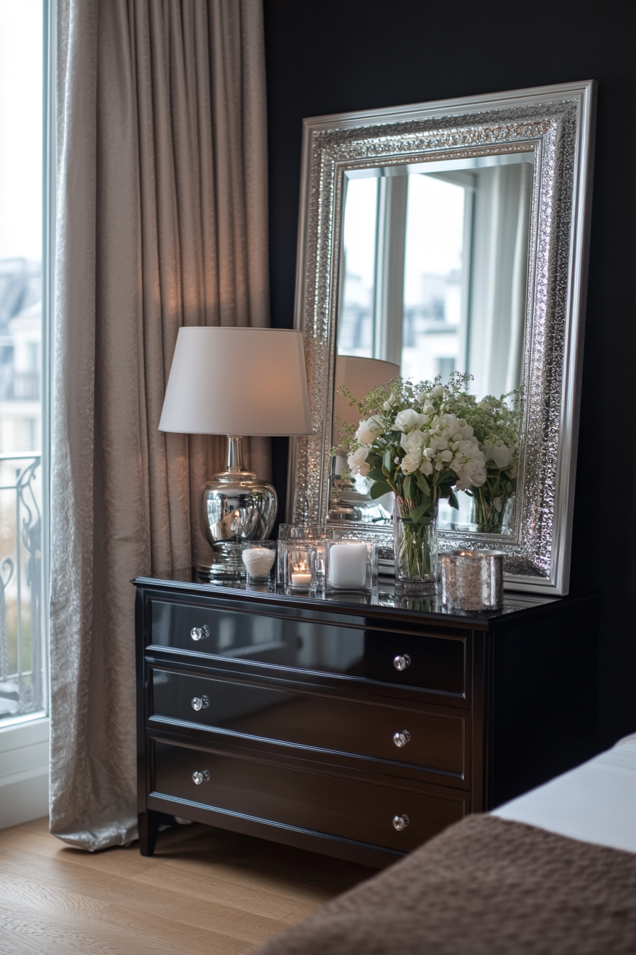 Black bedroom with gold metallic accents
