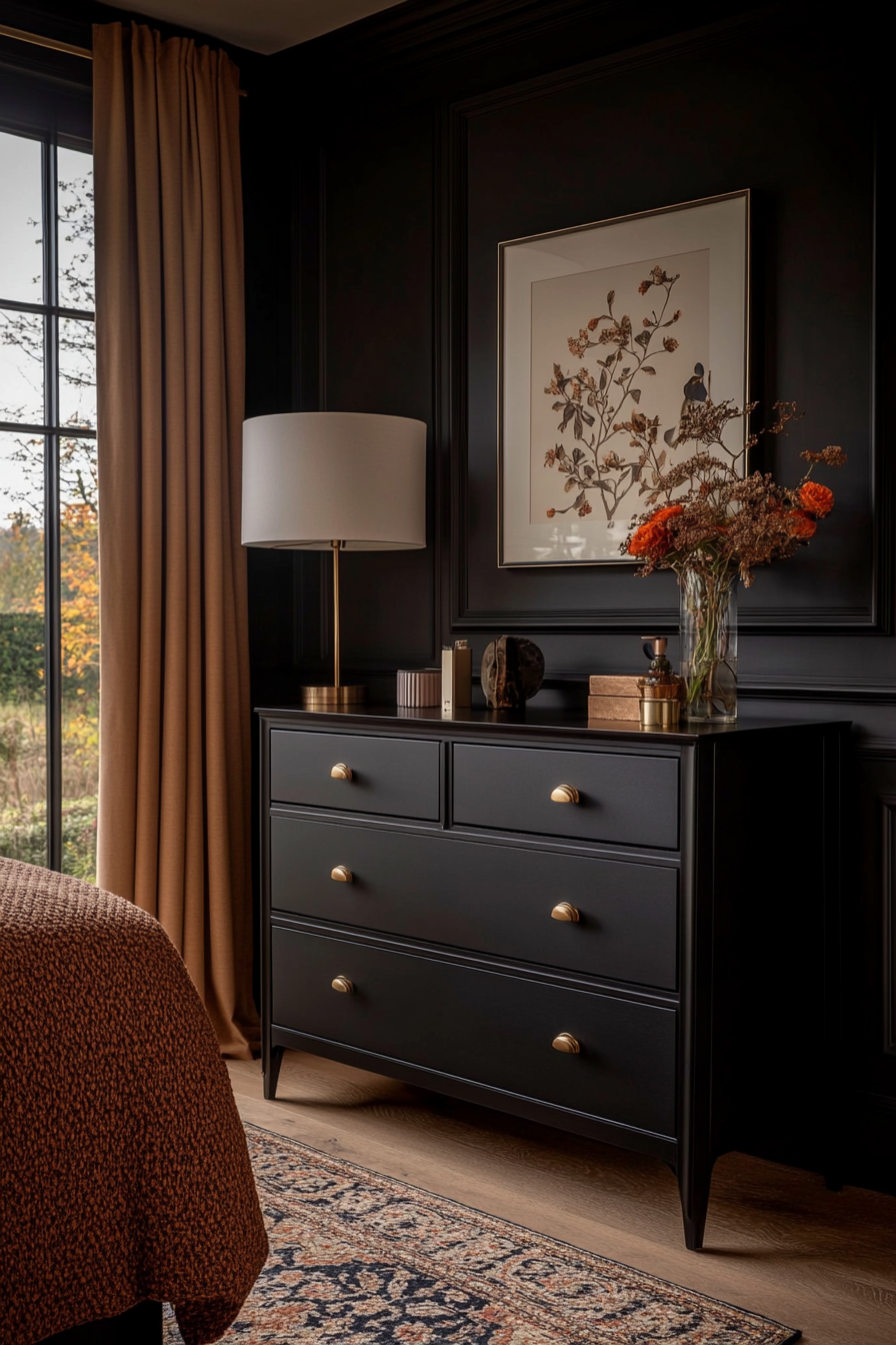 Black bedroom with gold metallic accents