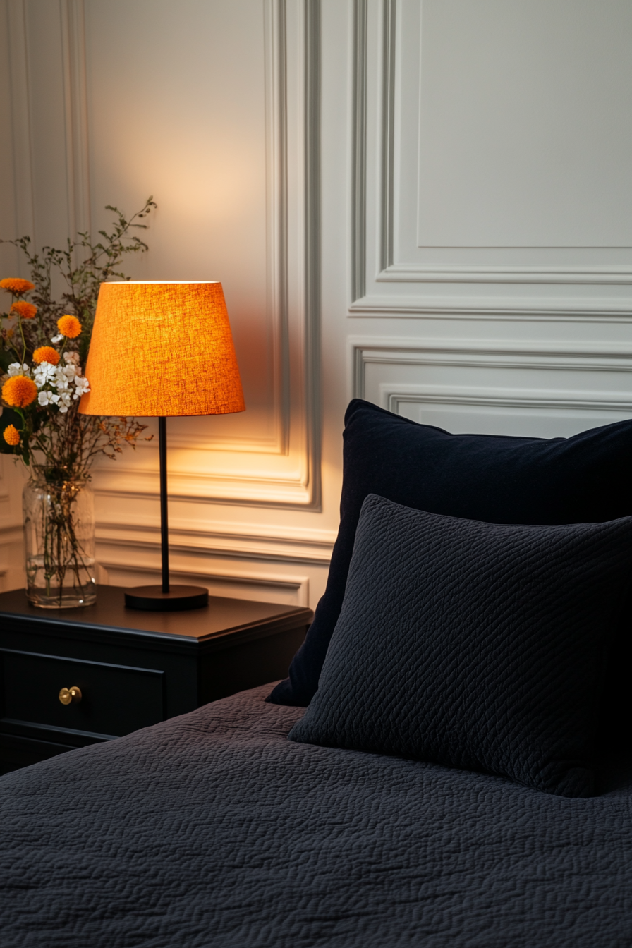 Black bedroom with moody lighting