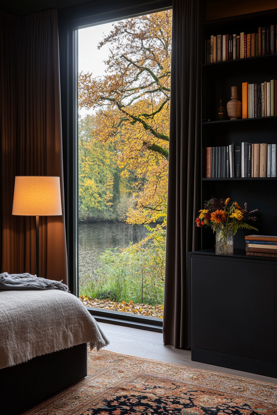 Black bedroom with moody lighting