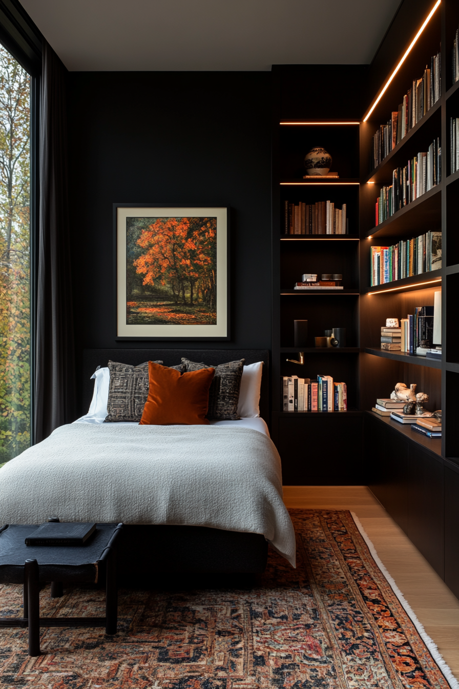 Black bedroom with moody lighting