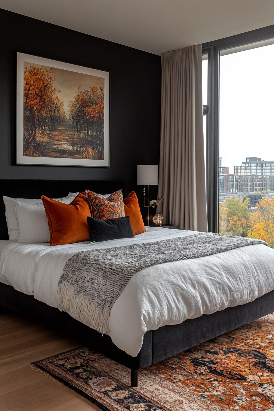 Black bedroom with bold artwork on the walls