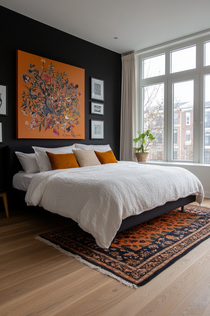Black bedroom with bold artwork on the walls