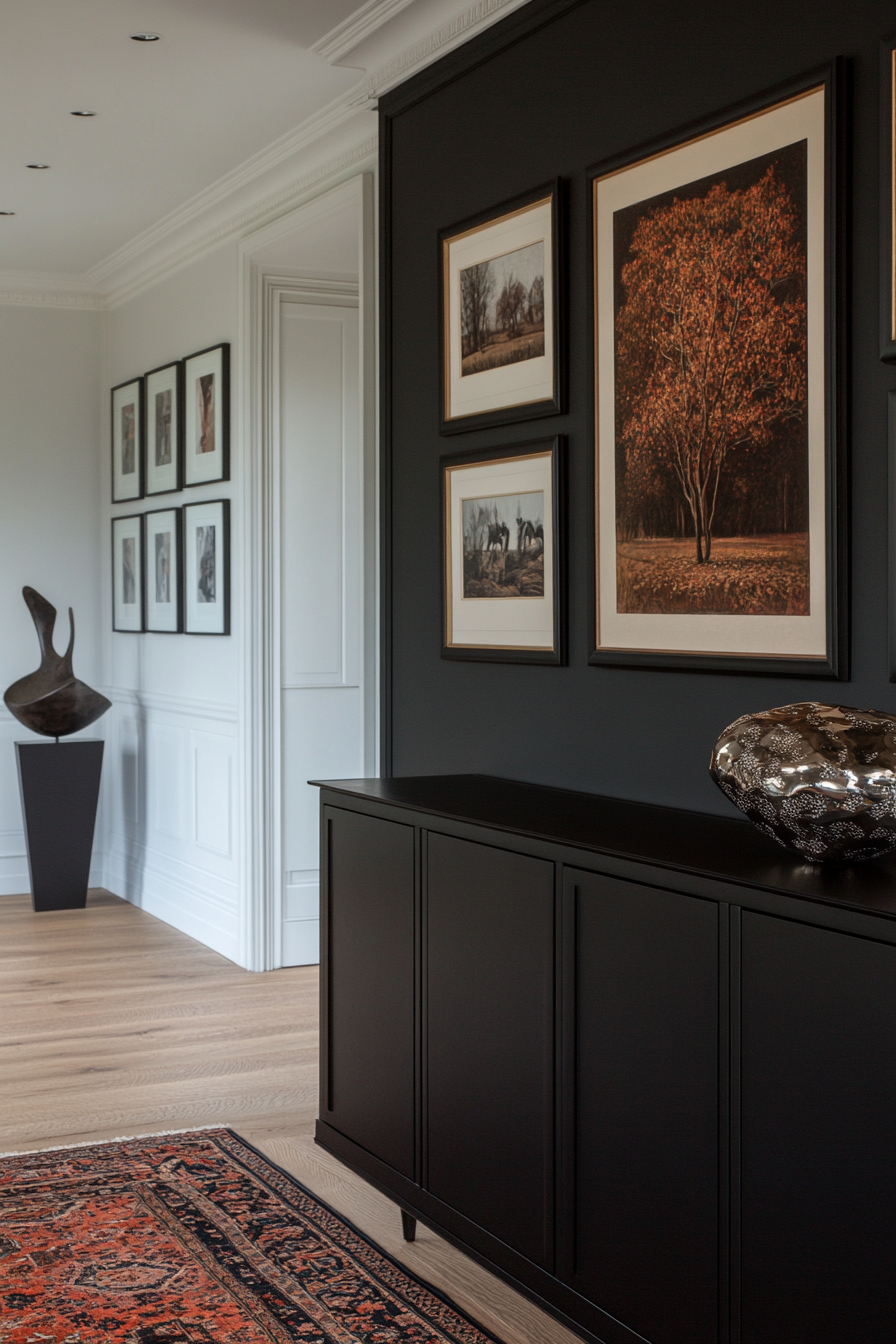 Black bedroom with bold artwork on the walls