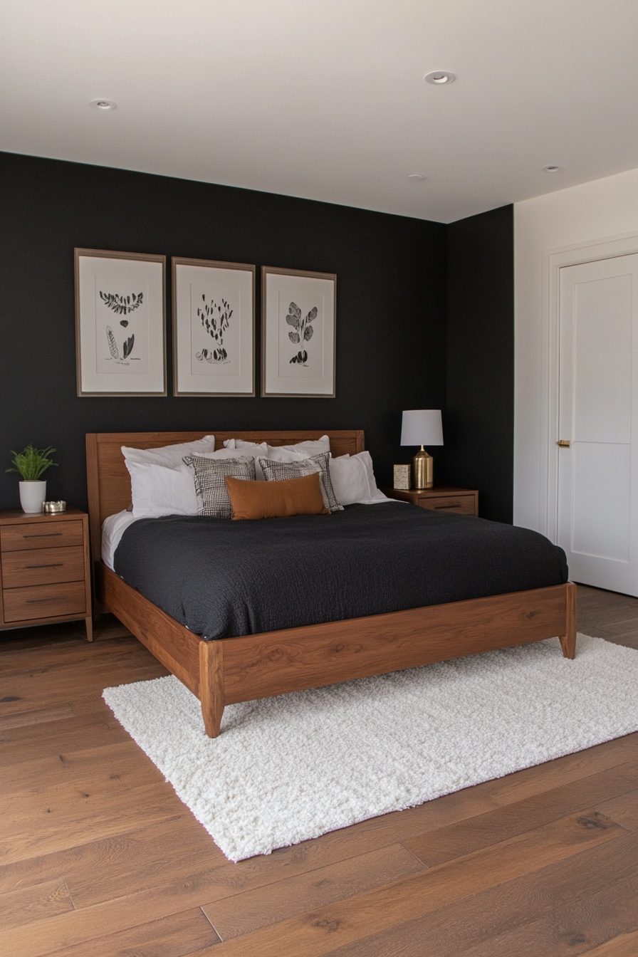 Black bedroom with dark wood furniture