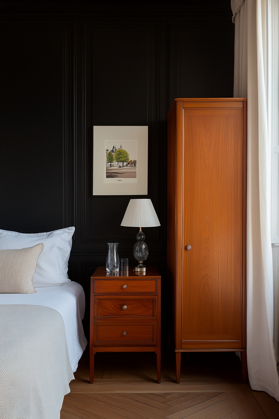 Black bedroom with dark wood furniture