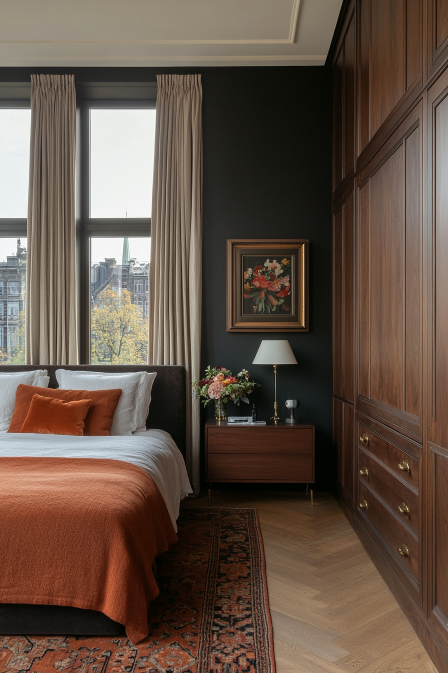 Black bedroom with dark wood furniture