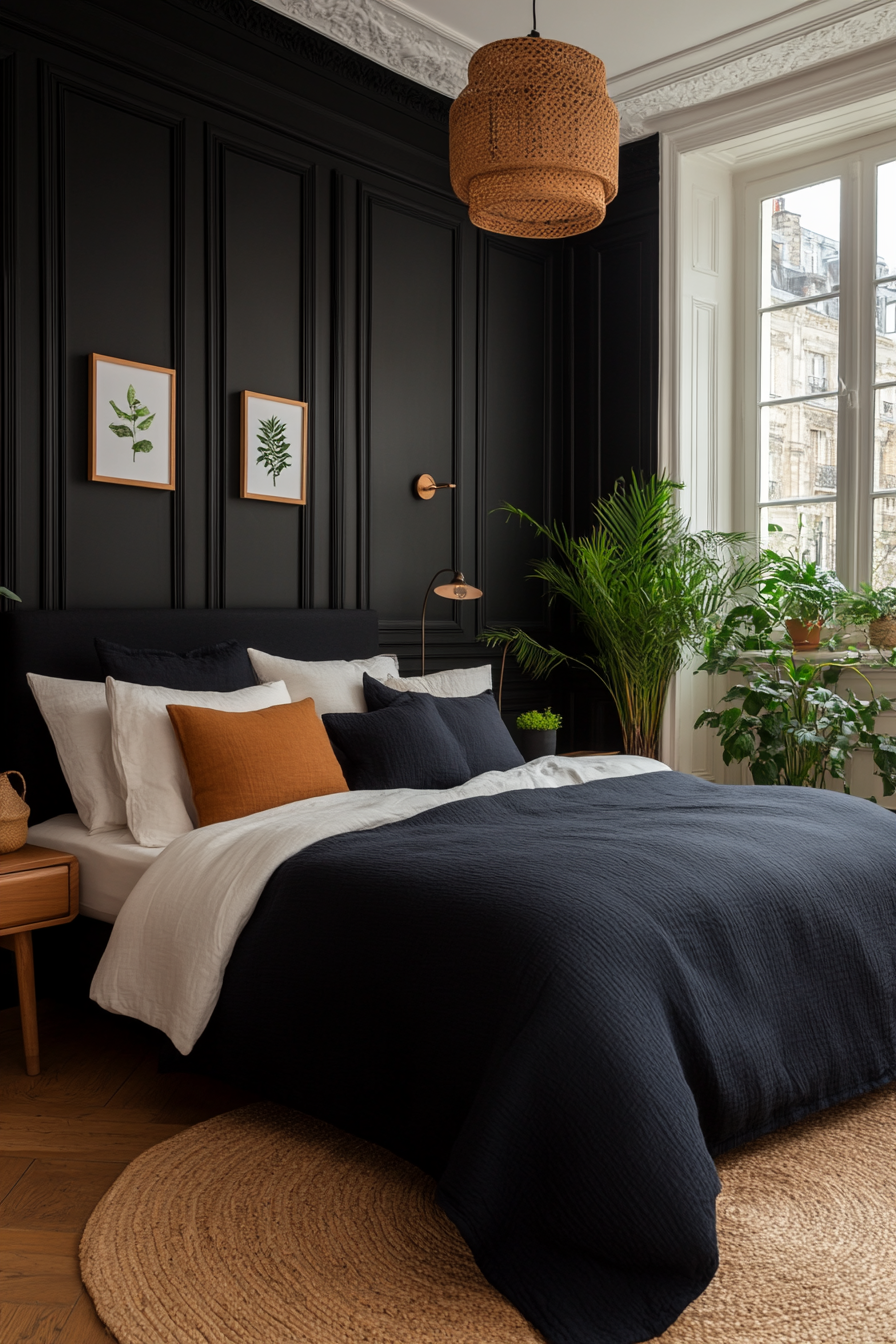 Black bedroom with natural elements like wood, stone, and plants