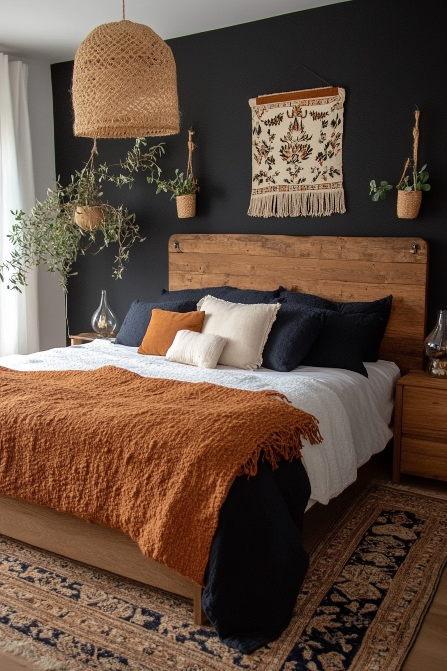 Black bedroom with natural elements like wood, stone, and plants