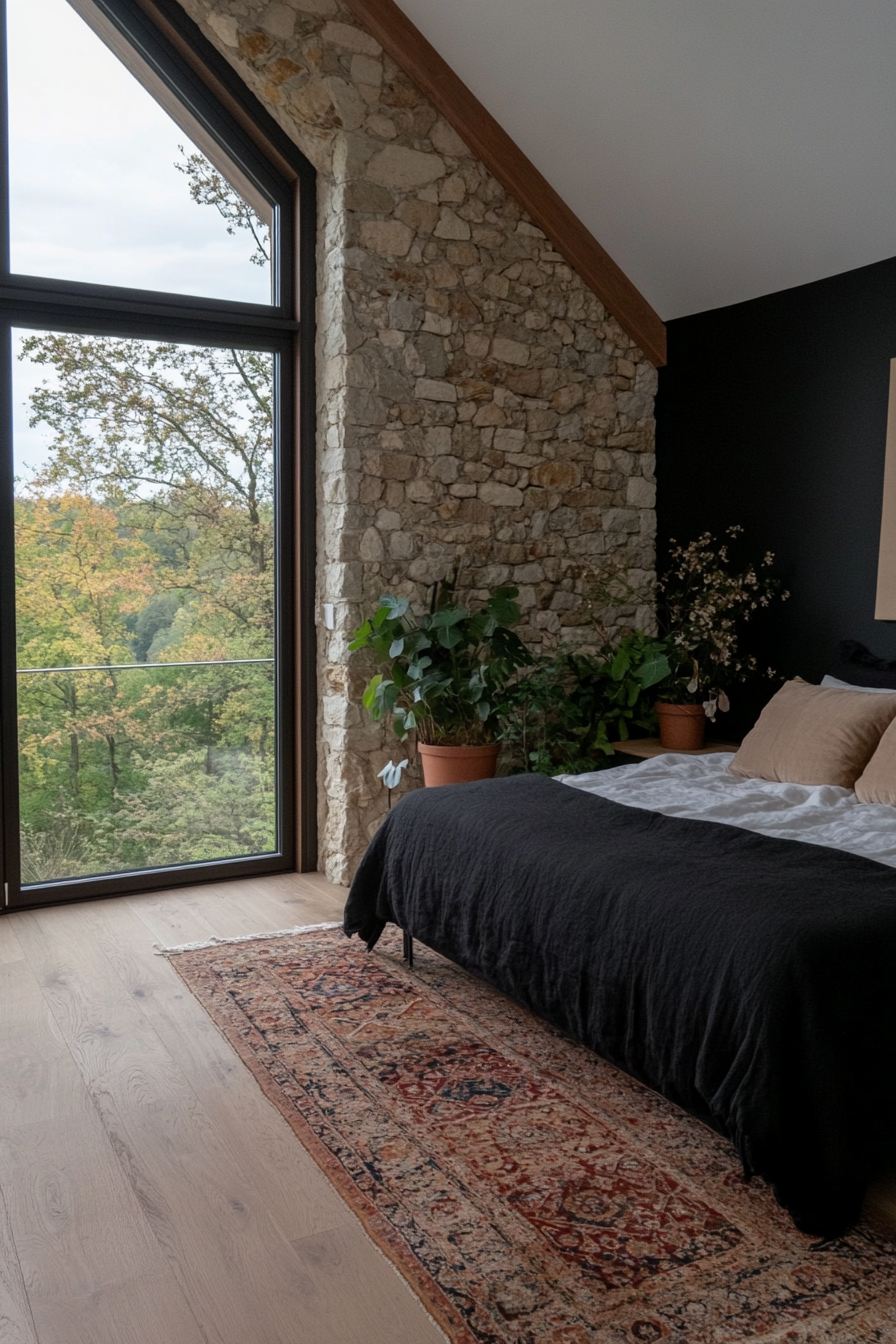 Black bedroom with natural elements like wood, stone, and plants