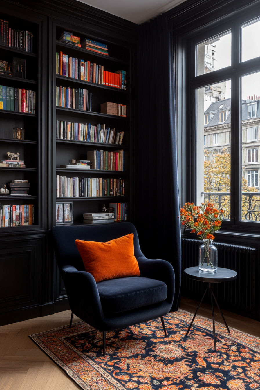 Black bedroom with a cozy reading nook