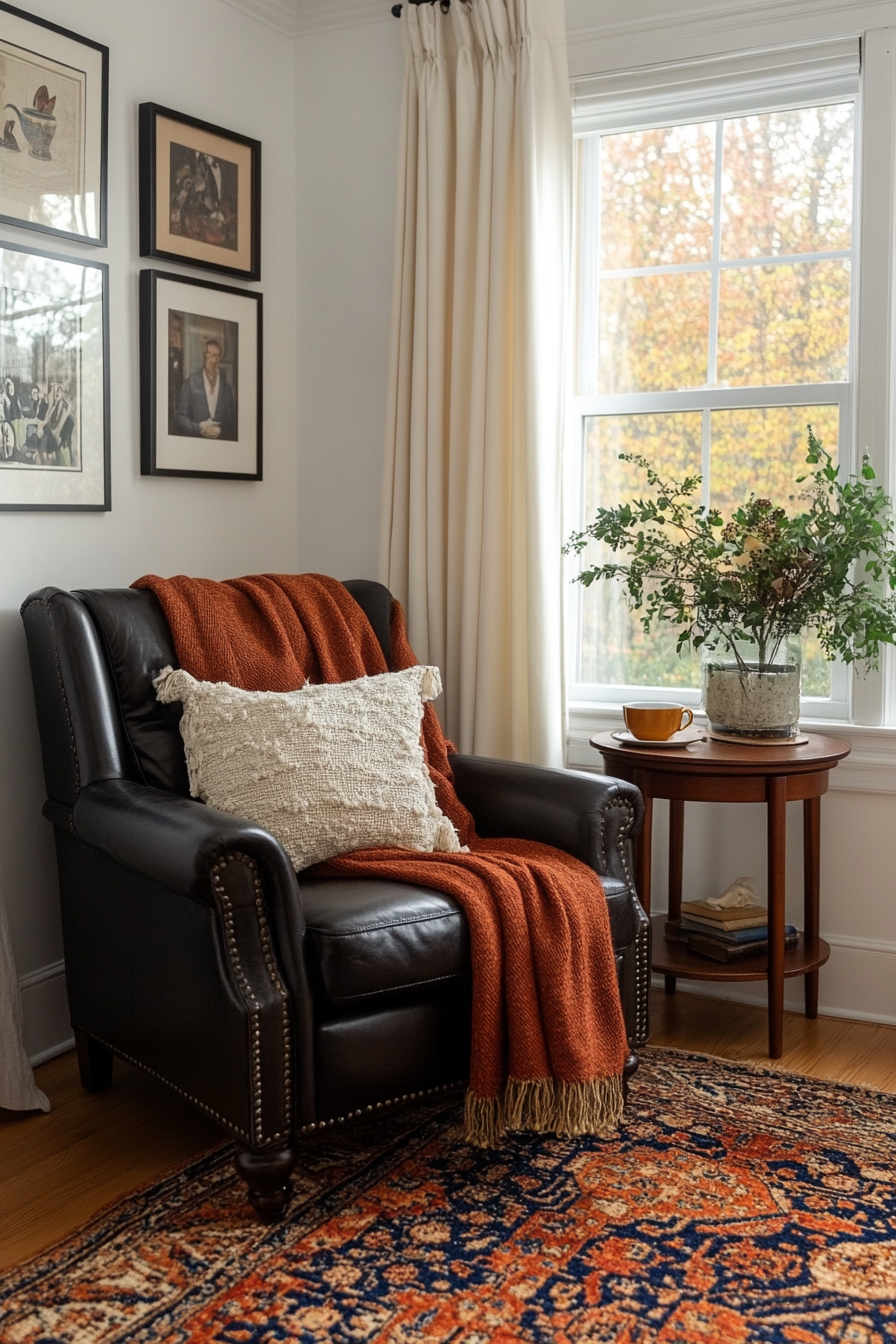 Black bedroom with a cozy reading nook