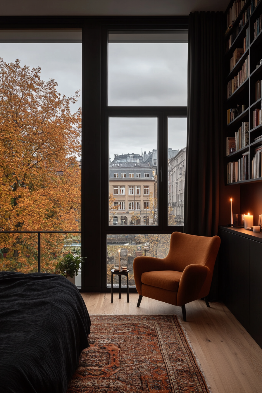 Black bedroom with a cozy reading nook