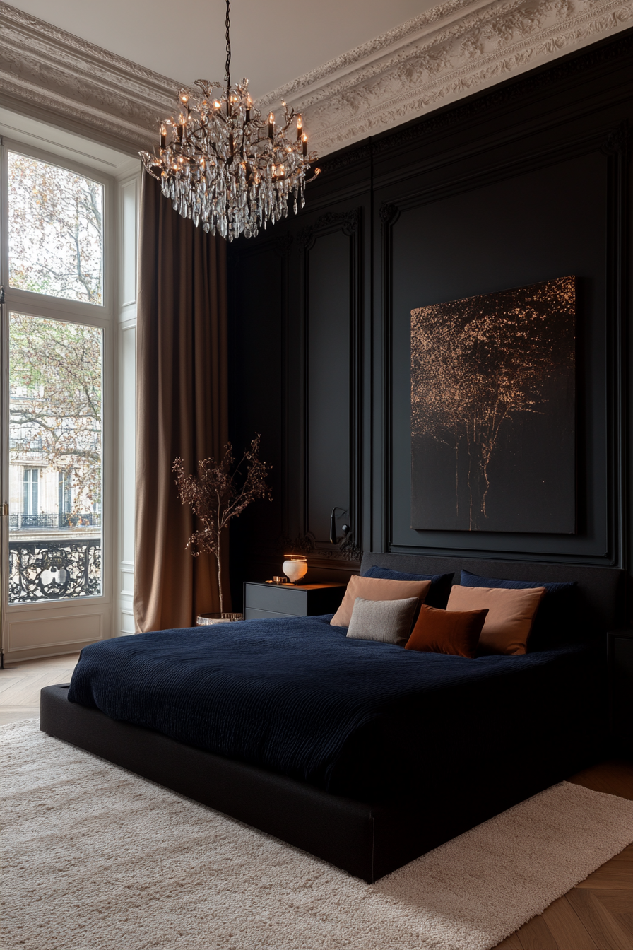 Black bedroom with a statement chandelier