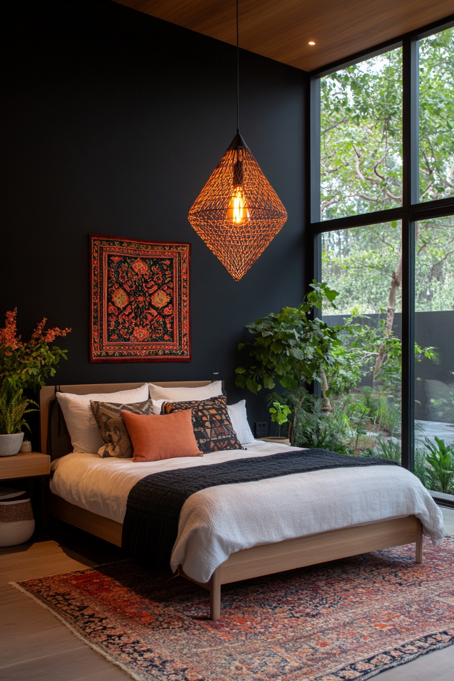 Black bedroom with a statement chandelier