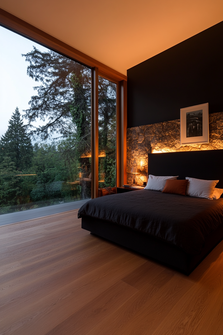 Black bedroom with a statement chandelier