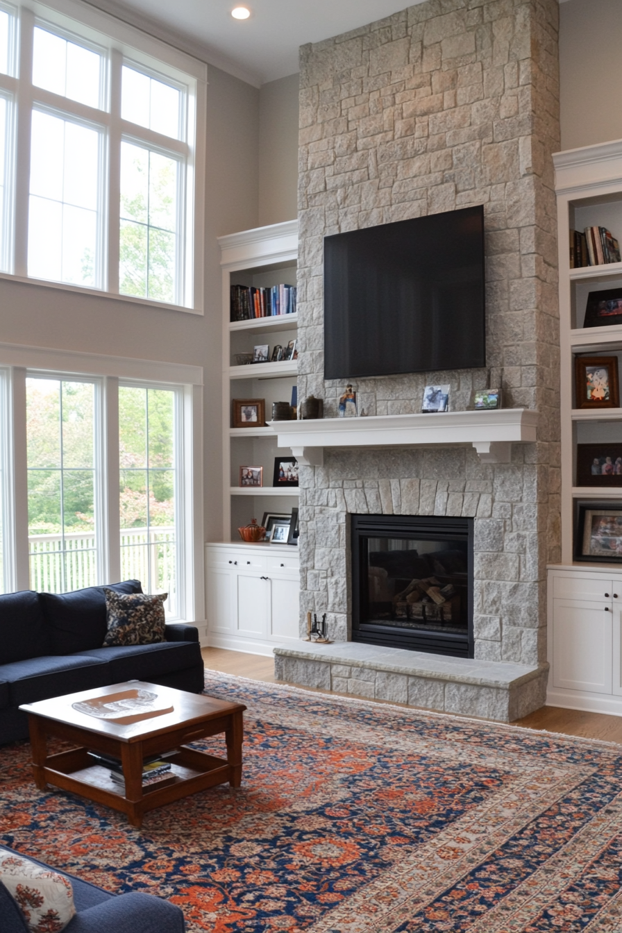 Built-in shelving unit surrounding a fireplace