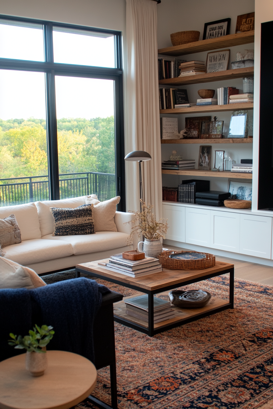 Industrial-style built-in shelves