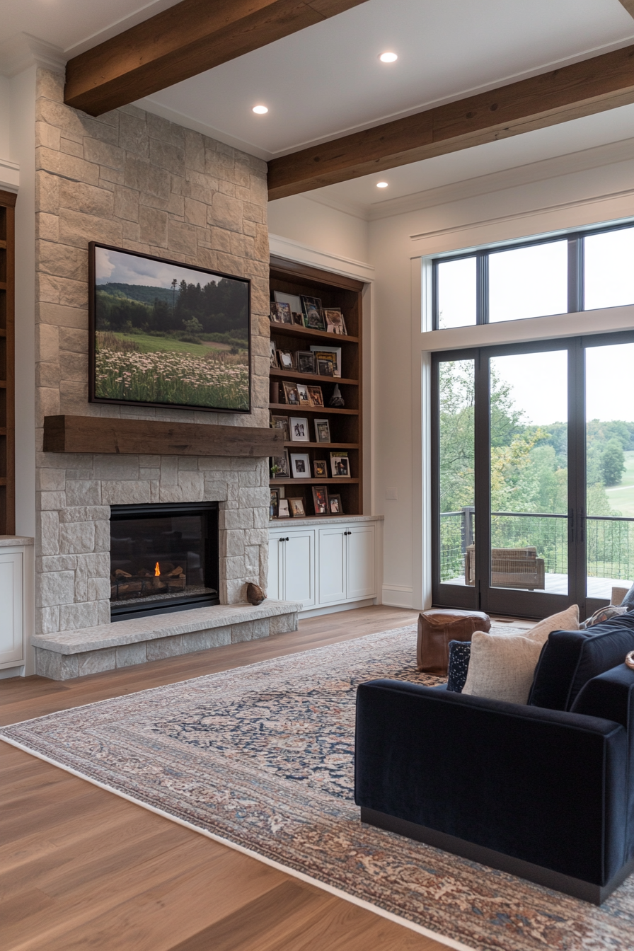 Built-in shelving unit surrounding a fireplace