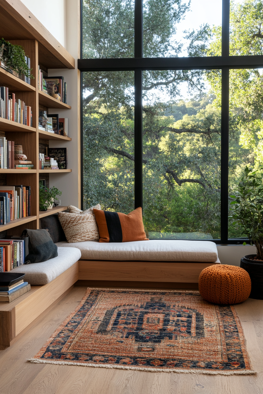 Built-in shelves around a window
