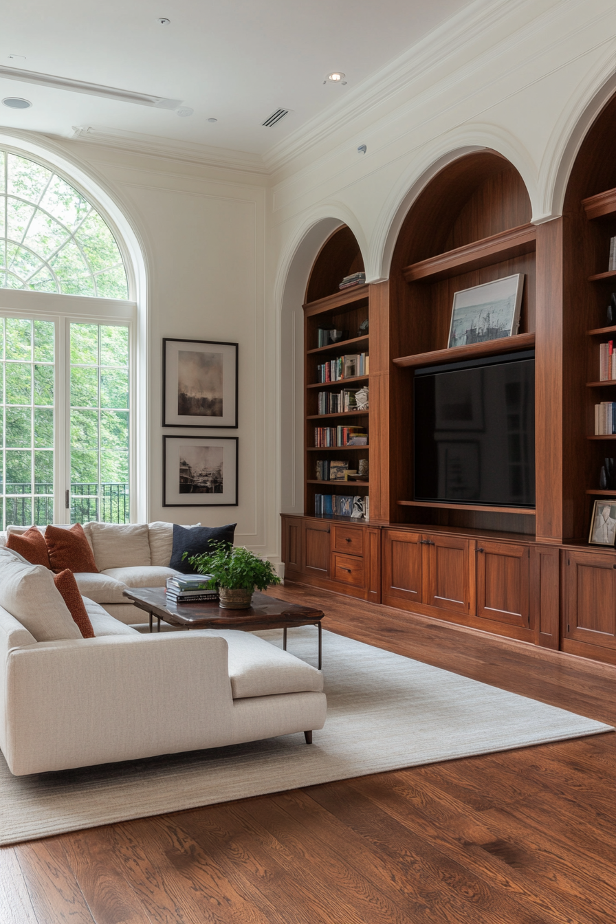 Arched built-in shelving unit