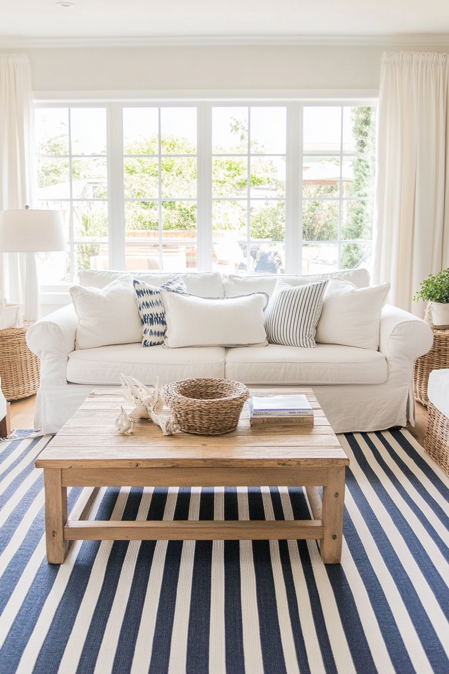 Nautical striped rug in coastal living room