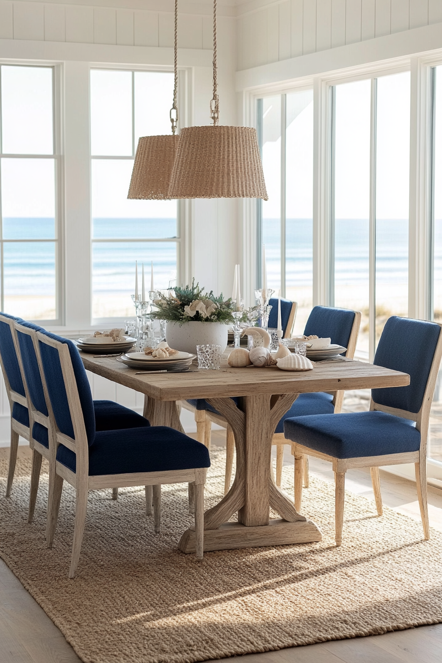 Seagrass rug under dining table in coastal dining room