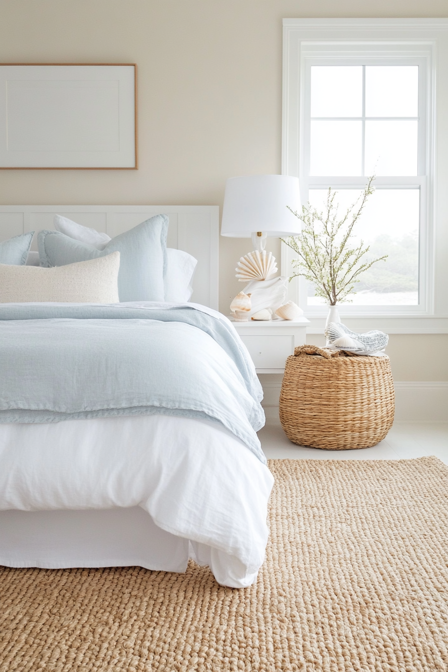 Seagrass rug in coastal bedroom