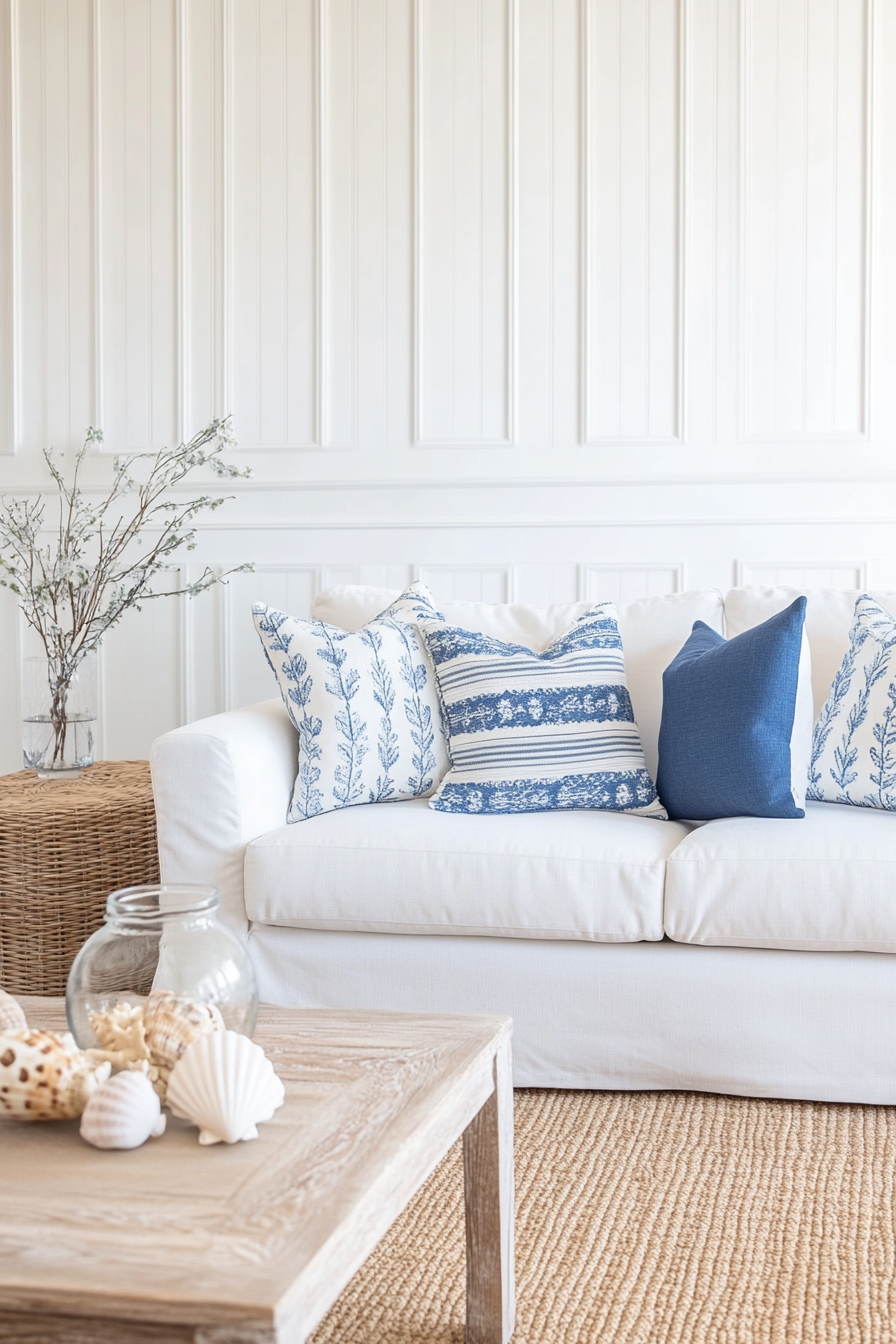 Coastal throw pillows on white sofa