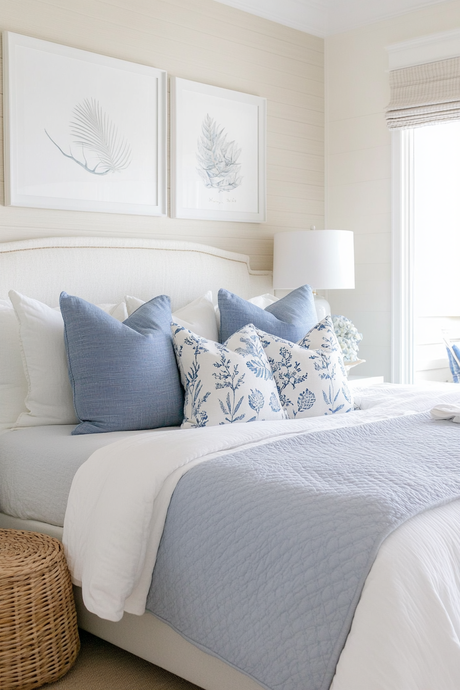 Coastal throw pillows on bed
