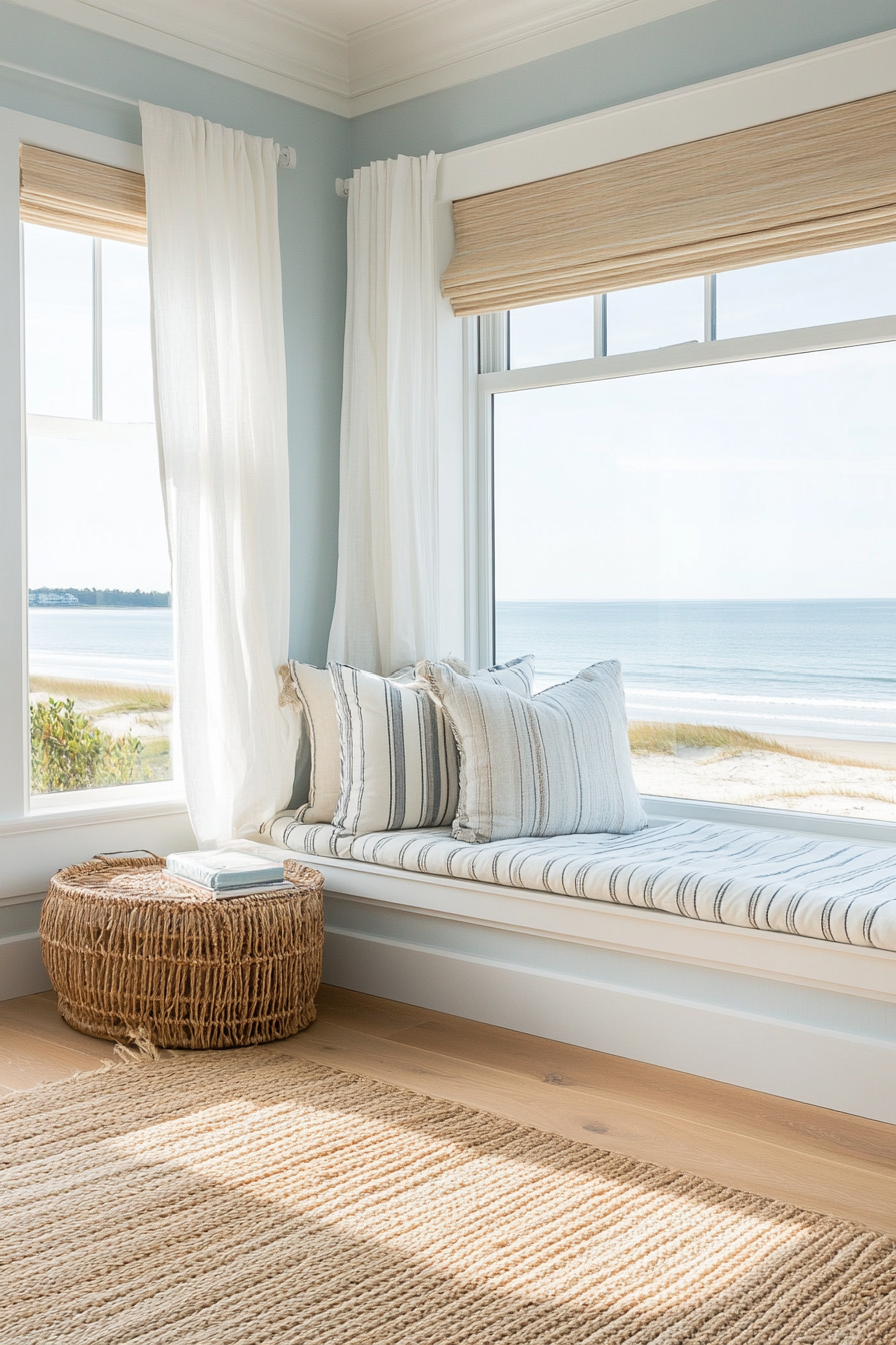 Coastal throw pillows on window seat