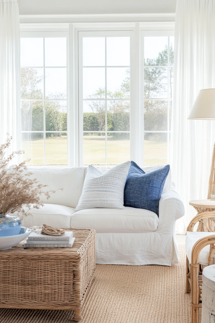 White slipcovered sofa in coastal living room