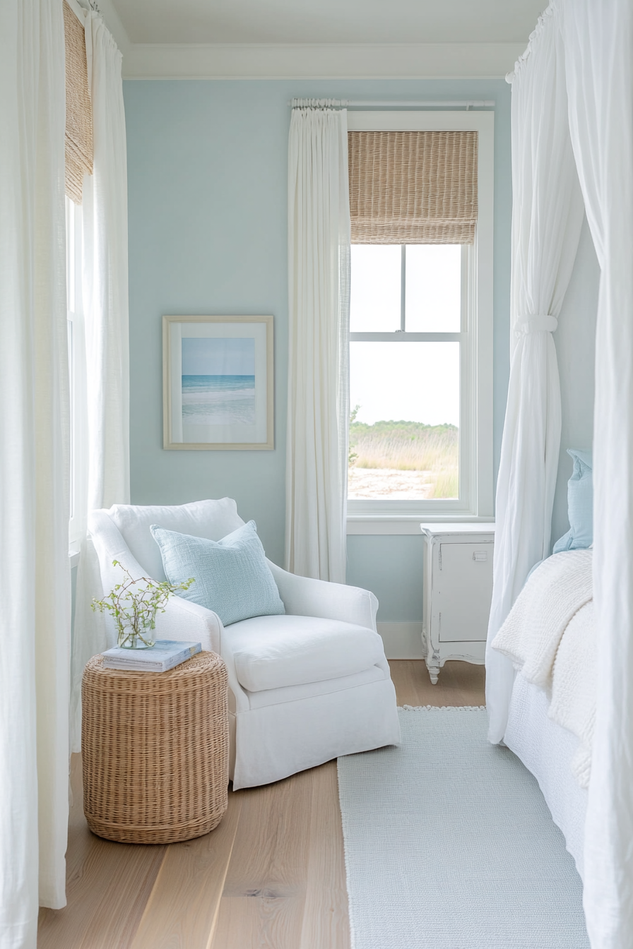 White slipcovered armchair in coastal bedroom