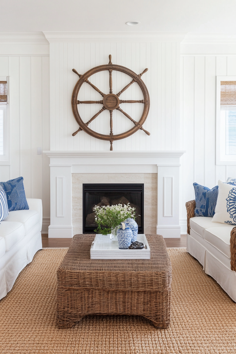 Ship wheel above fireplace in coastal living room