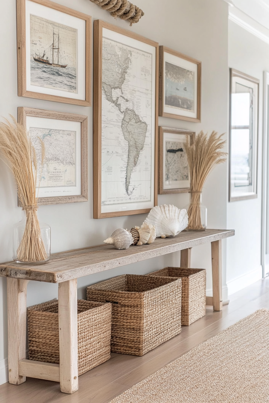 Gallery wall of nautical charts in coastal entryway