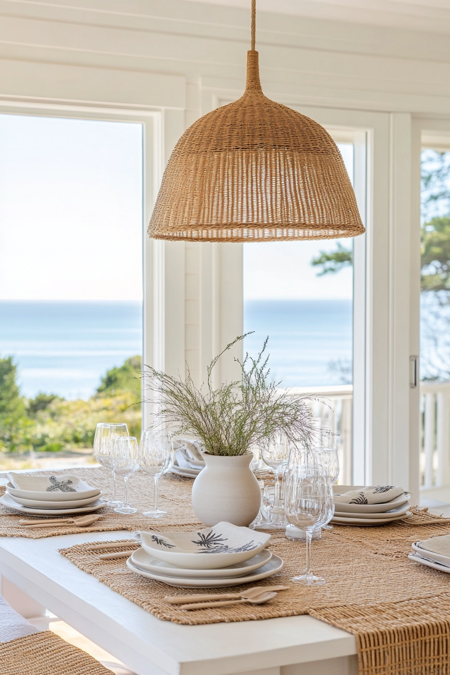 Ocean-inspired table setting in coastal dining room