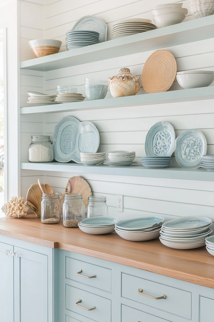 Ocean-inspired tableware on open shelves in coastal kitchen
