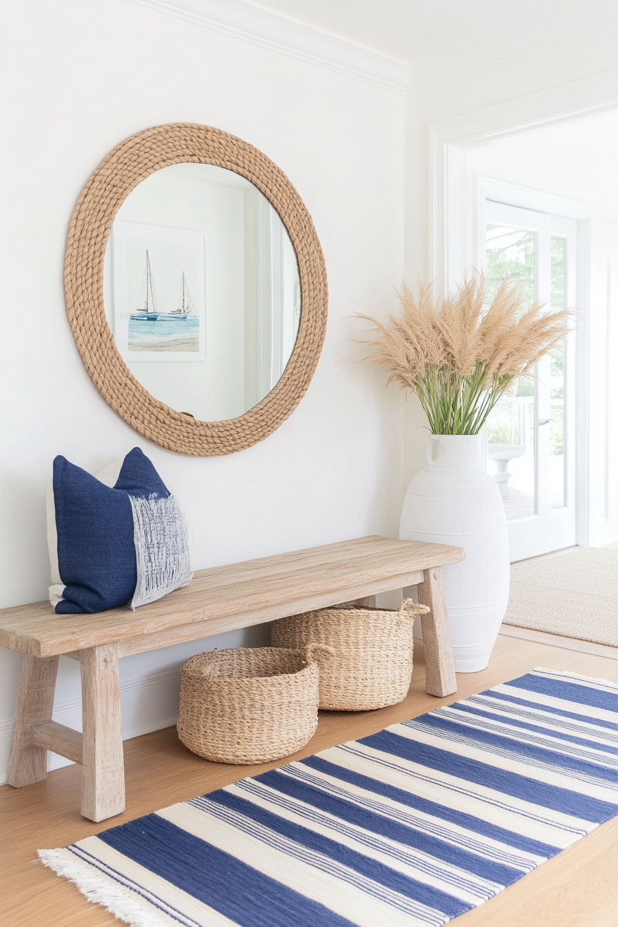 Nautical striped runner in coastal entryway