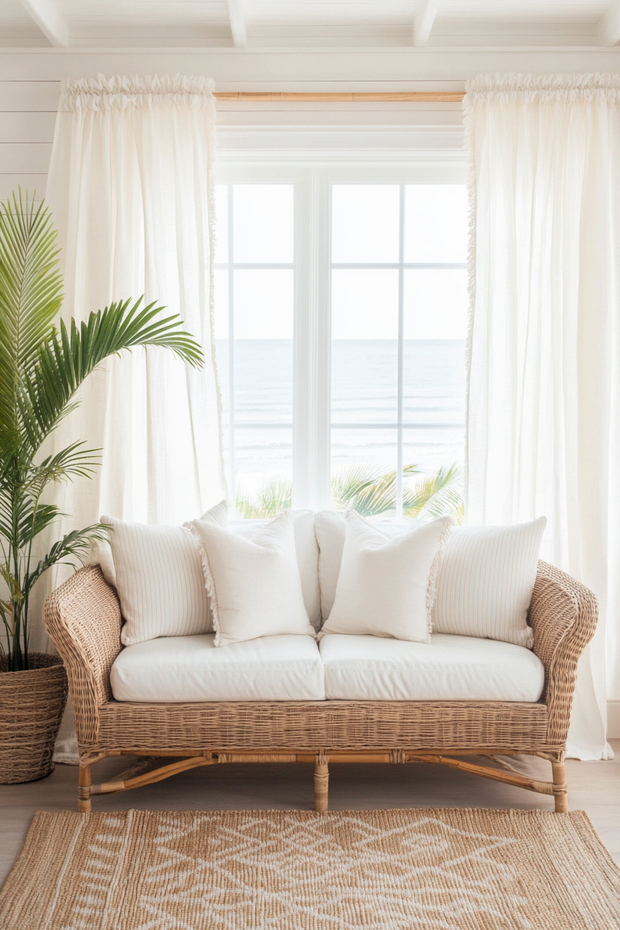 Wicker loveseat in coastal living room