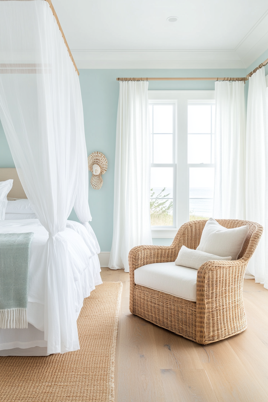 Wicker armchair in coastal bedroom