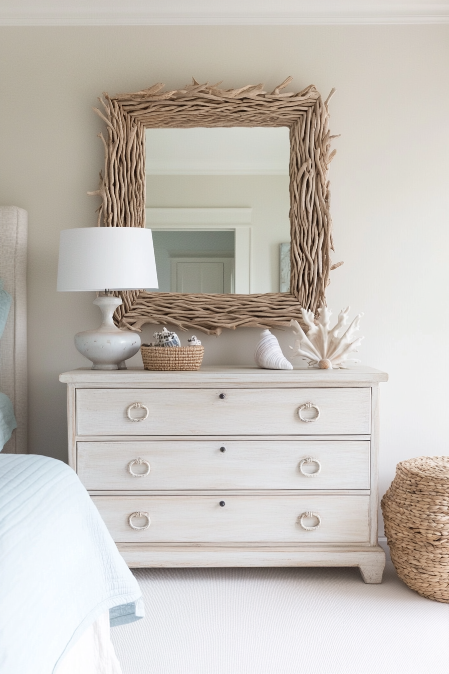 Driftwood-framed mirror in coastal bedroom