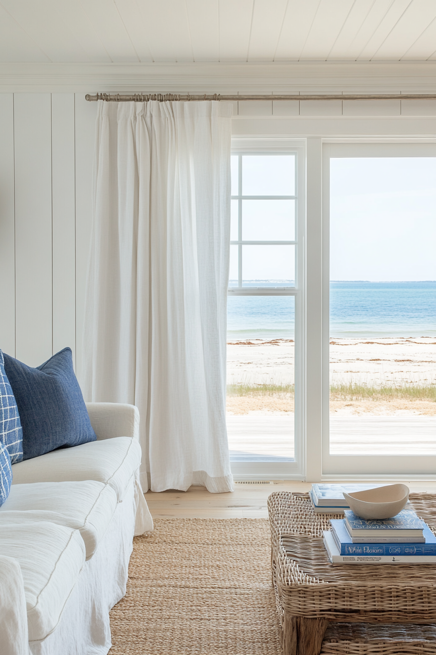 Light linen curtains in coastal living room