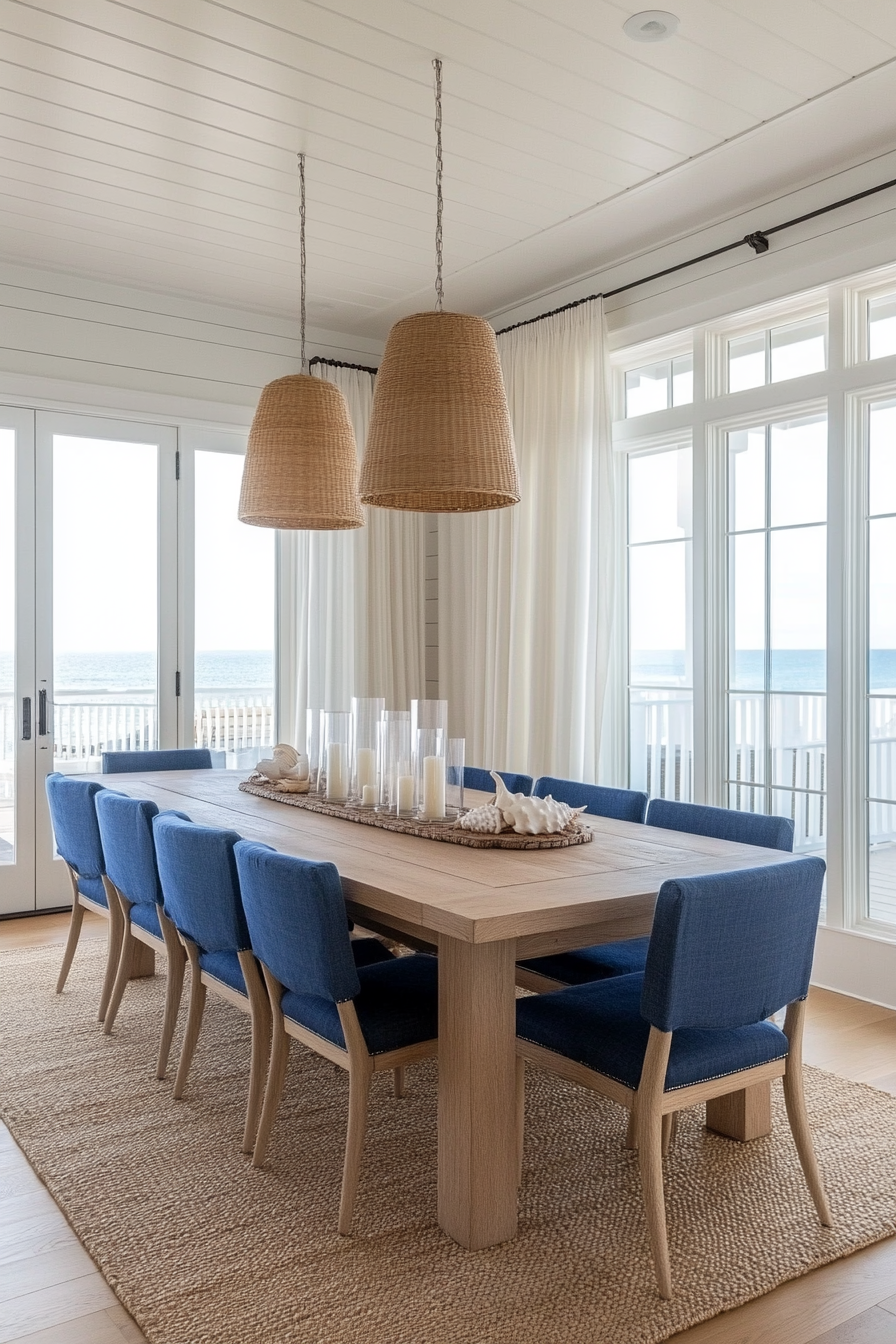 Light linen curtains in coastal dining room