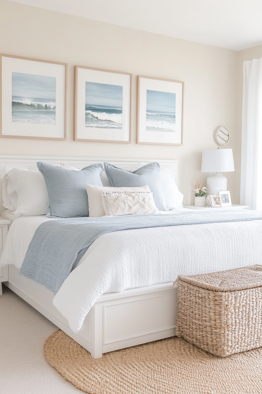 Ocean waves prints in coastal bedroom