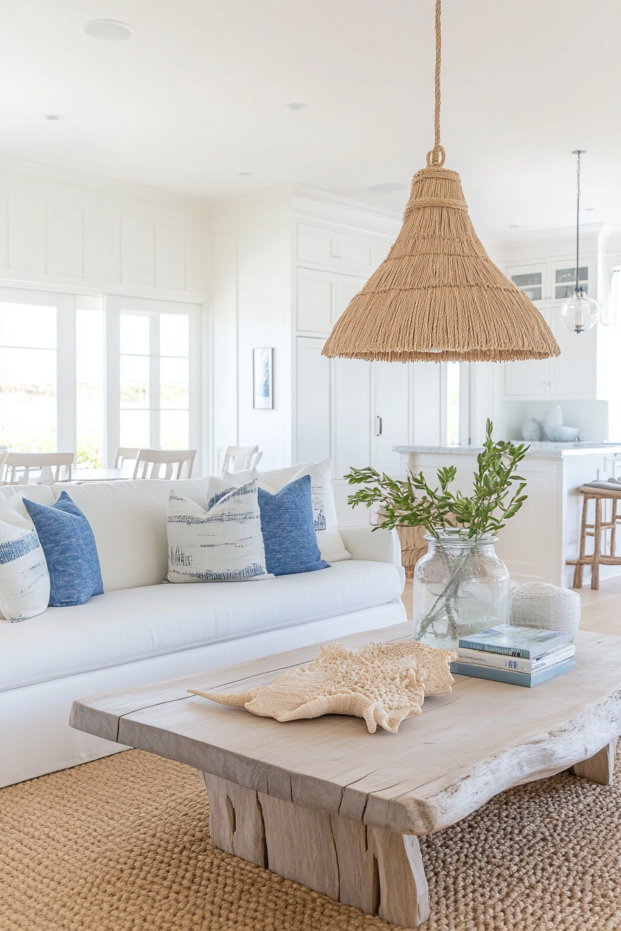 Rope-wrapped pendant light in coastal living room