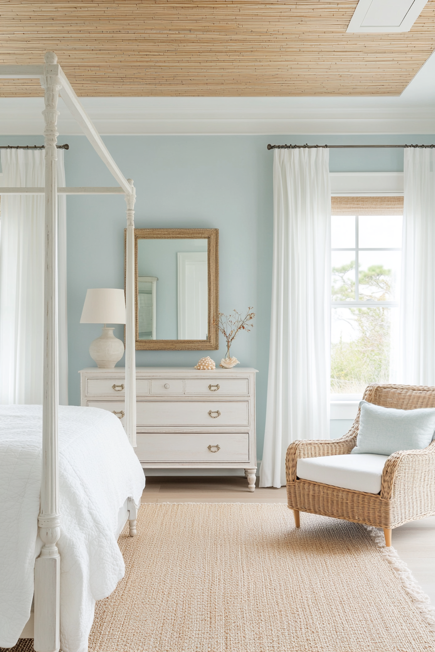 Rope-framed mirror in coastal bedroom