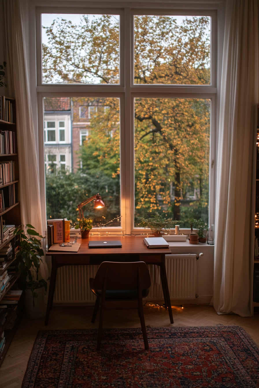 Cozy home office with a warm color palette